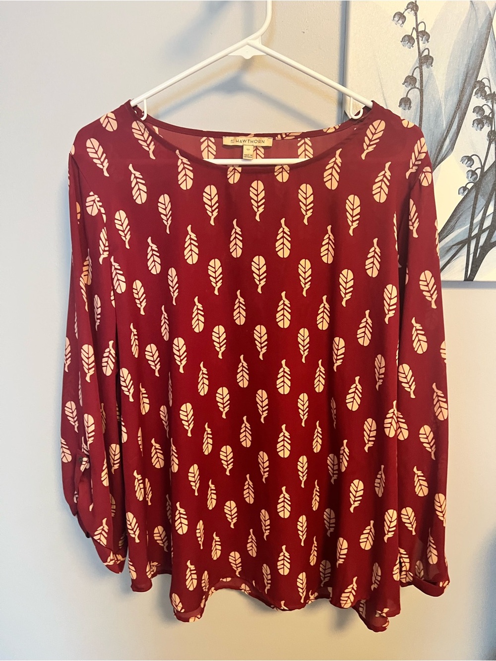 Hawthorn Burgundy Leaf Print Long Sleeve Flowy Blouse XXL